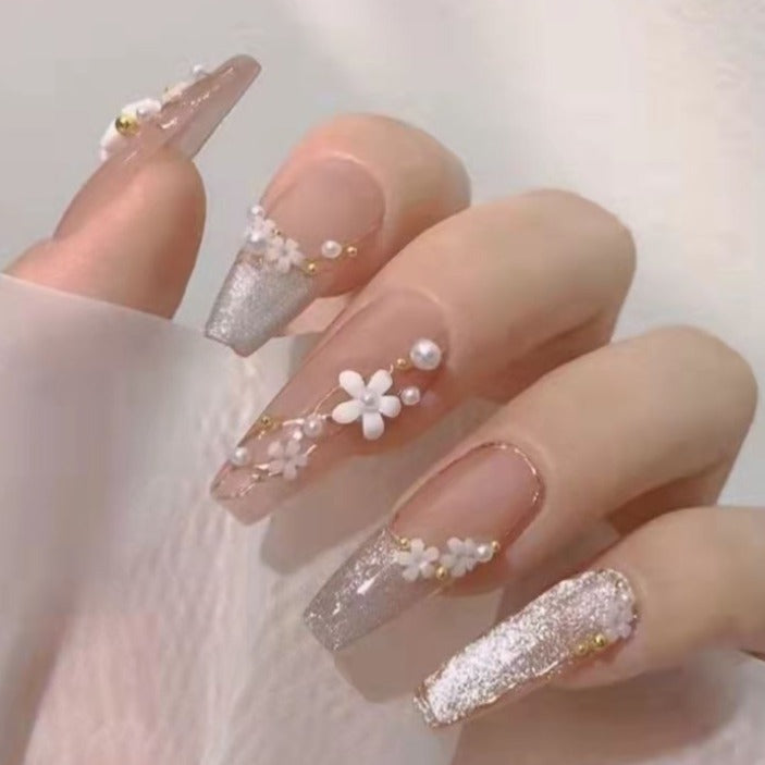 Designer: DuoDuo 1221.Handmade nails Press on Nails DIY Nail Art for woman girl French Long Coffin pink wedding