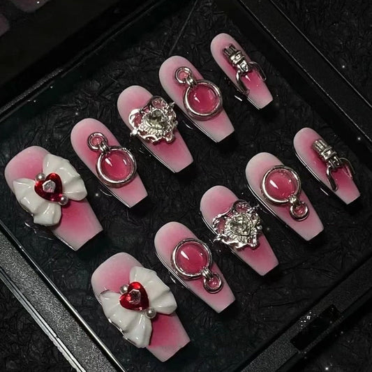 Designer: PinPin 1408.Handmade nails Press on Nails DIY Nail Art for woman girl Long Coffin pink Metal