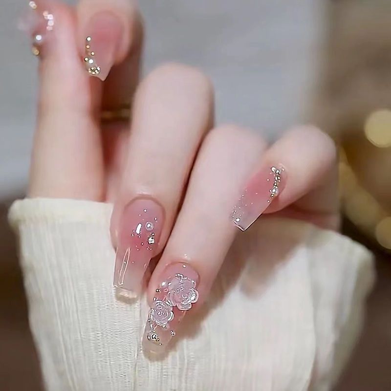 Designer: DuoDuo 1219.Handmade nails Press on Nails DIY Nail Art for woman girl Long Coffin pink wedding