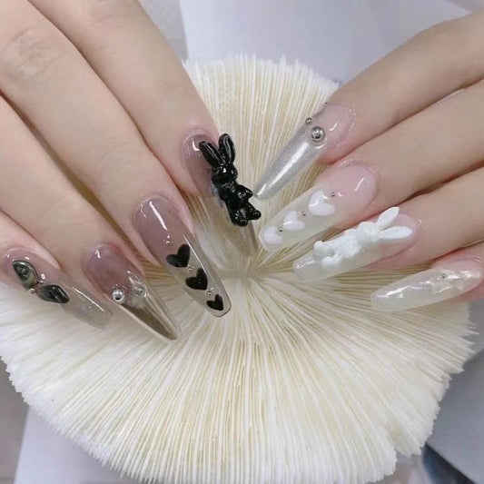 Designer: DuoDuo 2028.Handmade nails Press on Nails DIY Nail Art for woman girl Long Coffin black white