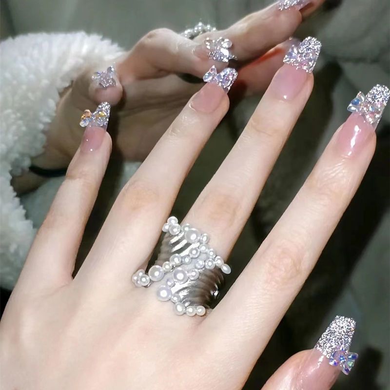 Designer: DuoDuo 1210.Handmade nails Press on Nails DIY Nail Art for woman girl French Shining Long Coffin pink