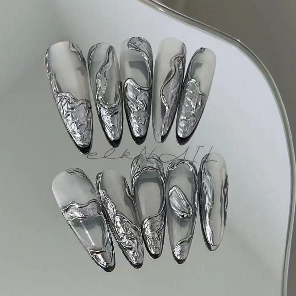 Designer: DuoDuo 1500.Handmade nails Press on Nails DIY Nail Art for woman girl Long Almond silver