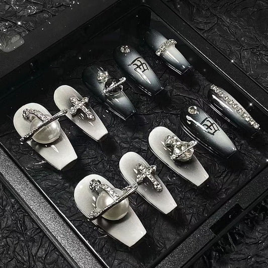 Designer: PinPin 1414.Handmade nails Press on Nails DIY Nail Art for woman girl Long Coffin black white Metal