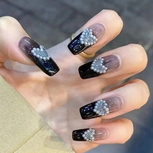 Designer: DuoDuo 2068.Handmade nails Press on Nails DIY Nail Art for woman girl French Long Coffin black