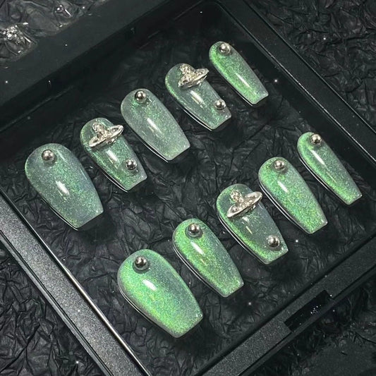 Designer: PinPin 1417.Handmade nails Press on Nails DIY Nail Art for woman girl Short green  Metal