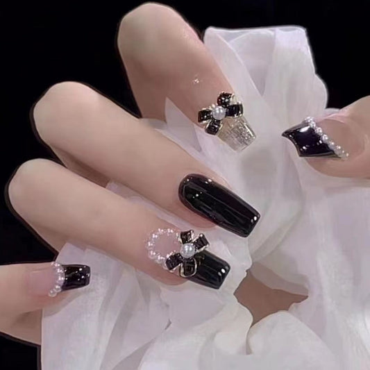 Designer: DuoDuo 1229.Handmade nails Press on Nails DIY Nail Art for woman girl French Long Coffin black