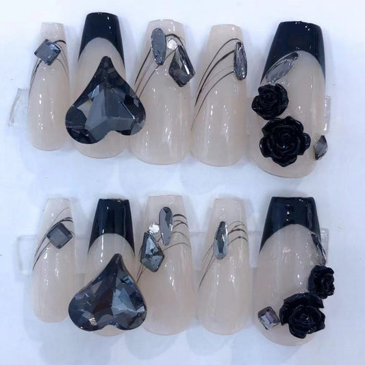 Designer: PinPin 1122.Handmade nails Press on Nails DIY Nail Art for woman girl Long Coffin pink black