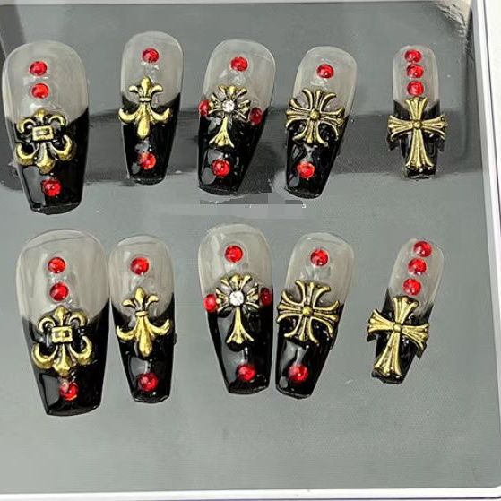 Designer: PinPin 1020.Handmade nails Press on Nails DIY Nail Art for woman girl Long Coffin Metal gold black