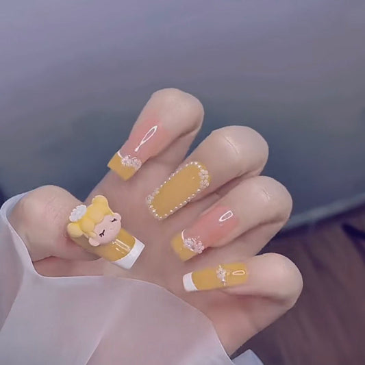 Designer: DuoDuo 1622.Handmade nails Press on Nails DIY Nail Art for woman girl yellow Long Coffin