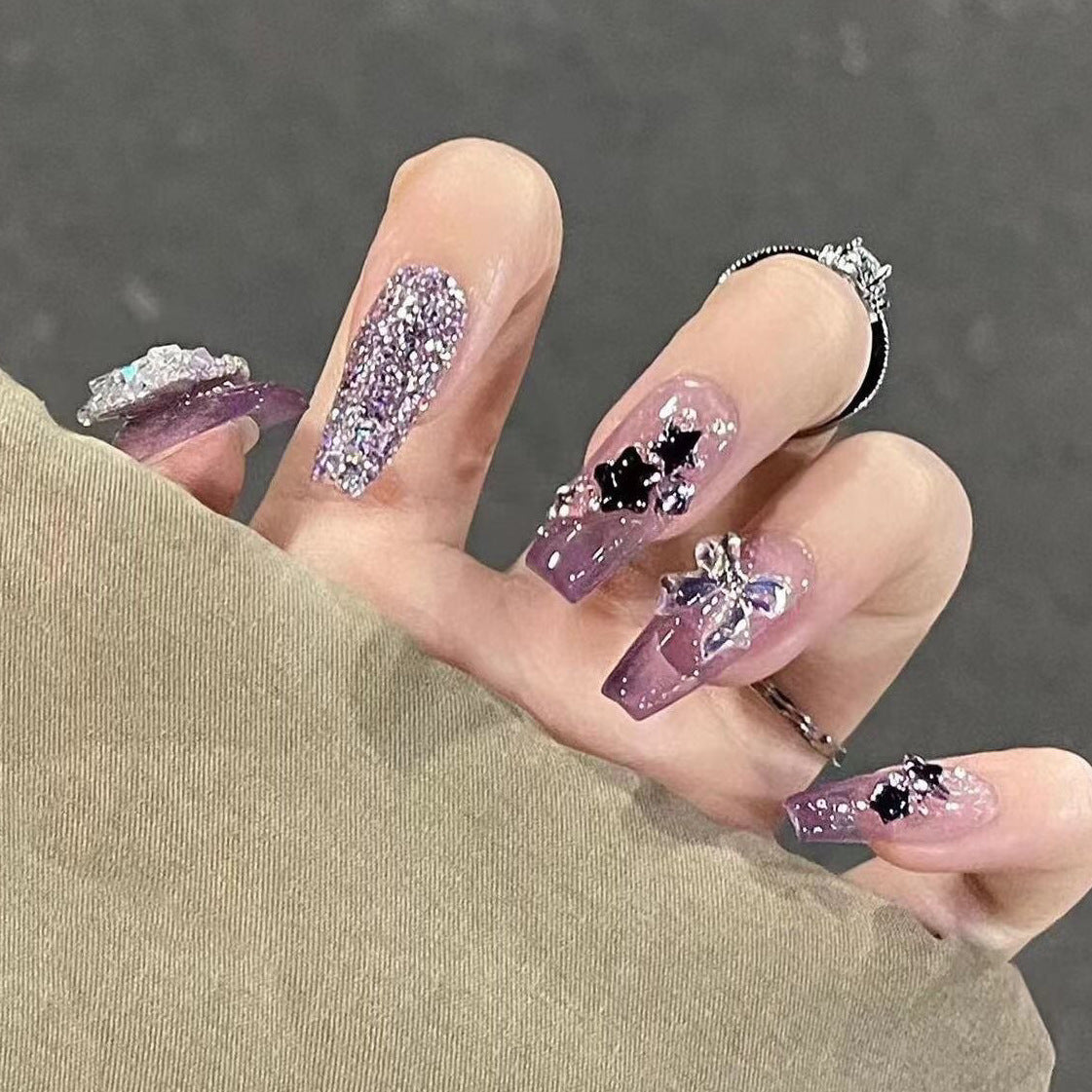 Designer: DuoDuo 1100.Handmade nails Press on Nails DIY Nail Art for woman girl Long Coffin purple wedding