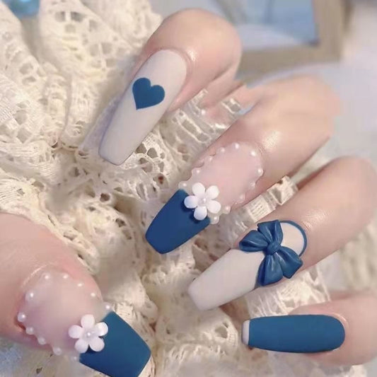 Designer: DuoDuo 1225.Handmade nails Press on Nails DIY Nail Art for woman girl Long Coffin blue white