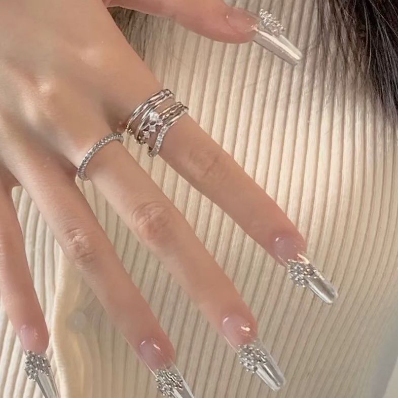 Designer: DuoDuo 2055.Handmade nails Press on Nails DIY Nail Art for woman girl French Long Coffin silver