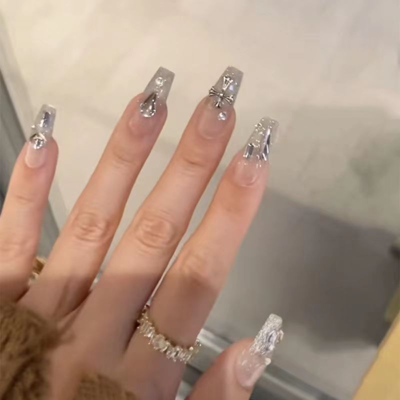 Designer: DuoDuo 1241.Handmade nails Press on Nails DIY Nail Art for woman girl Long Coffin silver rhinestone