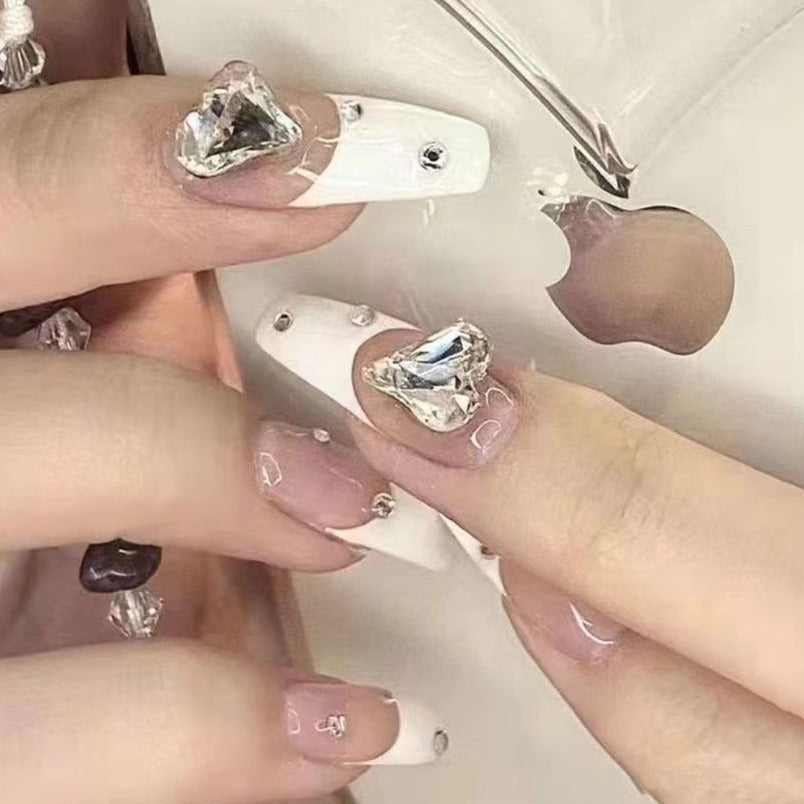 Designer: DuoDuo 1242.Handmade nails Press on Nails DIY Nail Art for woman girl French Long pink rhinestone