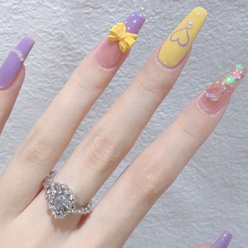 Designer: DuoDuo 2017.Handmade nails Press on Nails DIY Nail Art for woman girl Long Coffin purple yellow