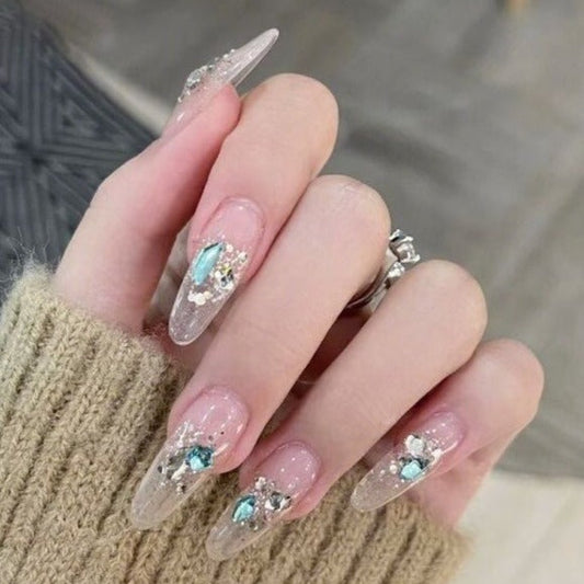 Designer: DuoDuo 2032.Handmade nails Press on Nails DIY Nail Art for woman girl Almond Long  pink rhinestone