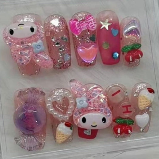 Designer: PinPin 1256.Handmade nails Press on Nails DIY Nail Art for woman girl child Coffin Cartoon red pink