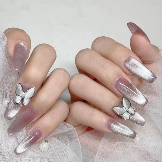 Designer: DuoDuo 1319.Handmade nails Press on Nails DIY Nail Art for woman girl Long Coffin pink Cat Eyes wedding