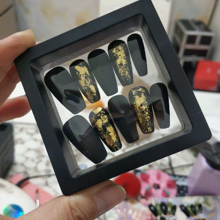 Designer: DuoDuo 1612.Handmade nails Press on Nails DIY Nail Art for woman girl Coffin Long black