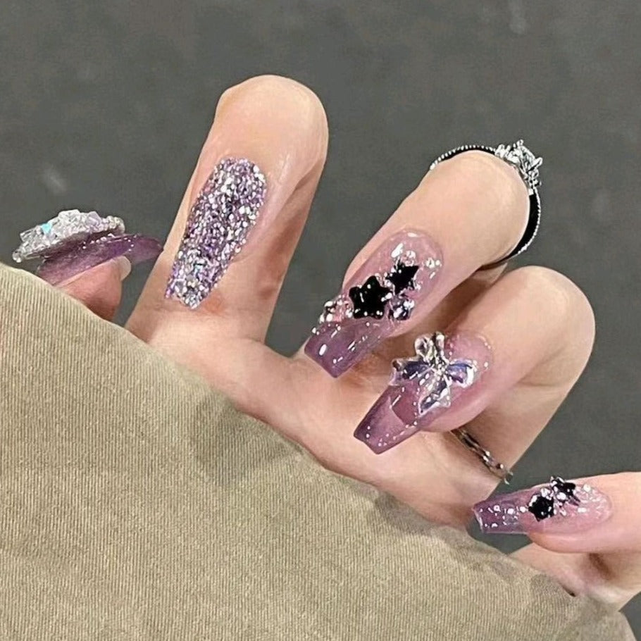 Designer: DuoDuo 3004.Handmade nails Press on Nails DIY Nail Art for woman girl Long Coffin wedding purple