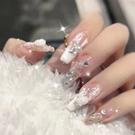 Designer: DuoDuo 1503.Handmade nails Press on Nails DIY Nail Art for woman girl Coffin wedding pink white Long