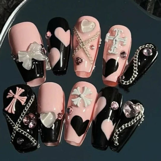 Designer: PinPin 1260.Handmade nails Press on Nails DIY Nail Art for woman girl Coffin Long pink black Long