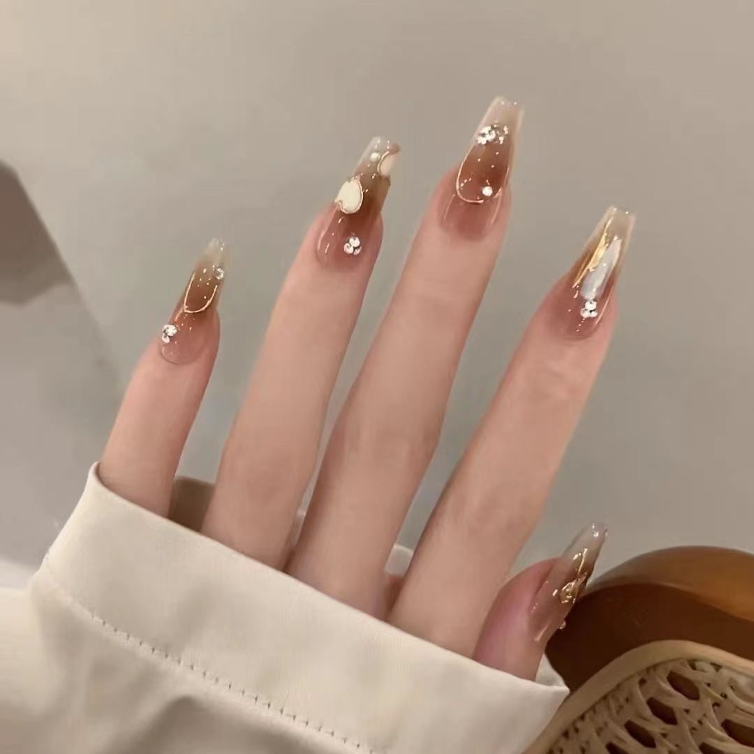 Designer: DuoDuo 1300.Handmade nails Press on Nails DIY Nail Art for woman girl Long Coffin brown