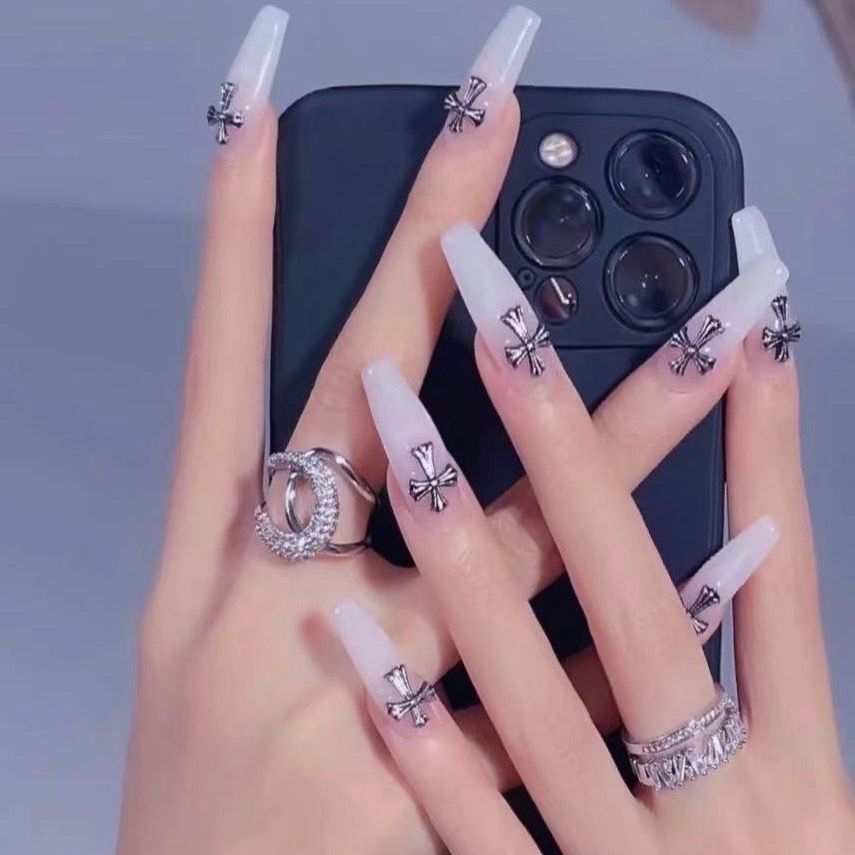 Designer: DuoDuo 2004.Handmade nails Press on Nails DIY Nail Art for woman girl Long Coffin white