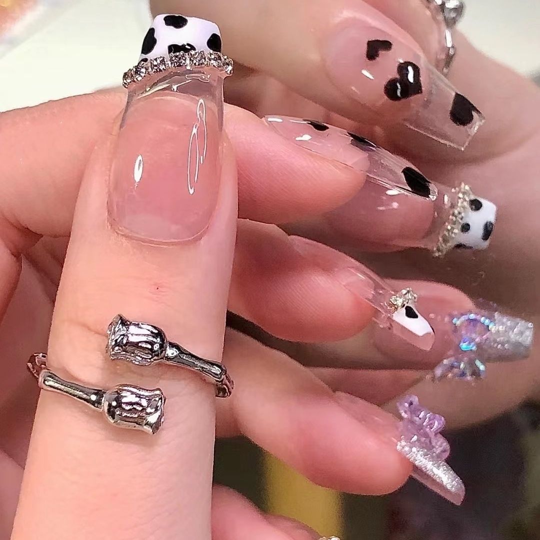 Designer: DuoDuo 1213.Handmade nails Press on Nails DIY Nail Art for woman girl French Long Coffin pink