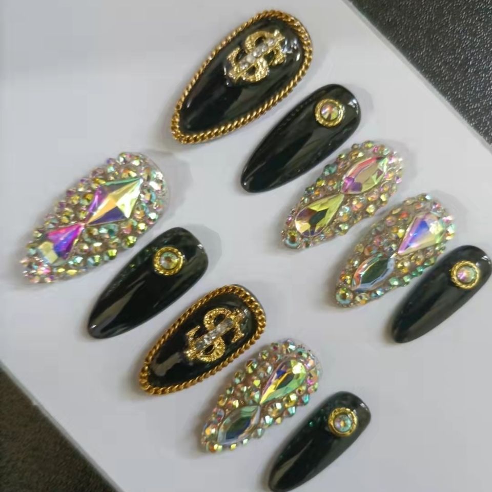 Designer: PinPin 1223.Handmade nails Press on Nails DIY Nail Art for woman girl Short rhinestone Almond