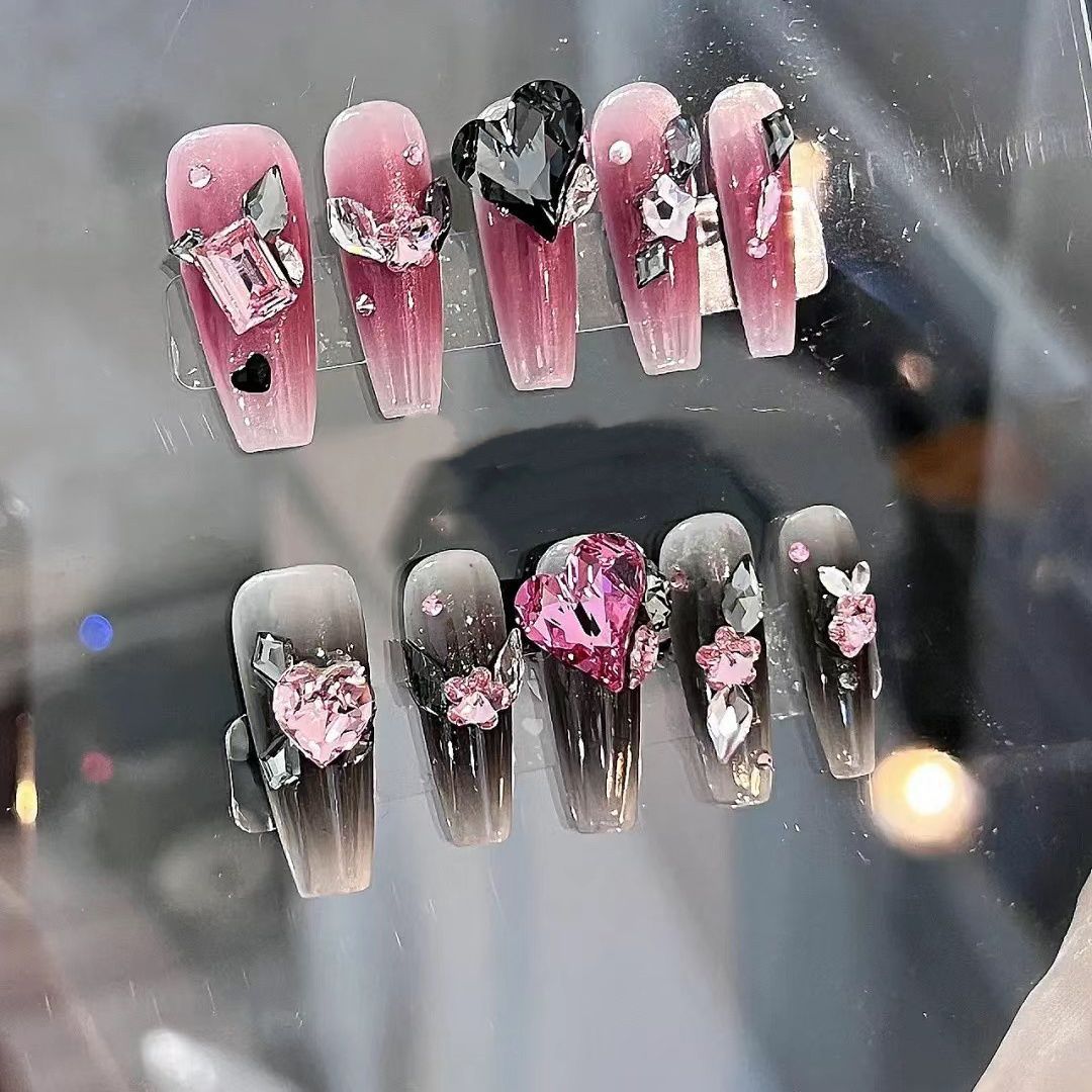 Designer: PinPin 1264.Handmade nails Press on Nails DIY Nail Art for woman girl rhinestone  Long Coffin pink black