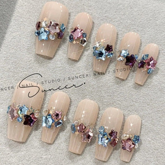 Designer: PinPin 1105.Handmade nails Press on Nails DIY Nail Art for woman girl Long Coffin pink rhinestone