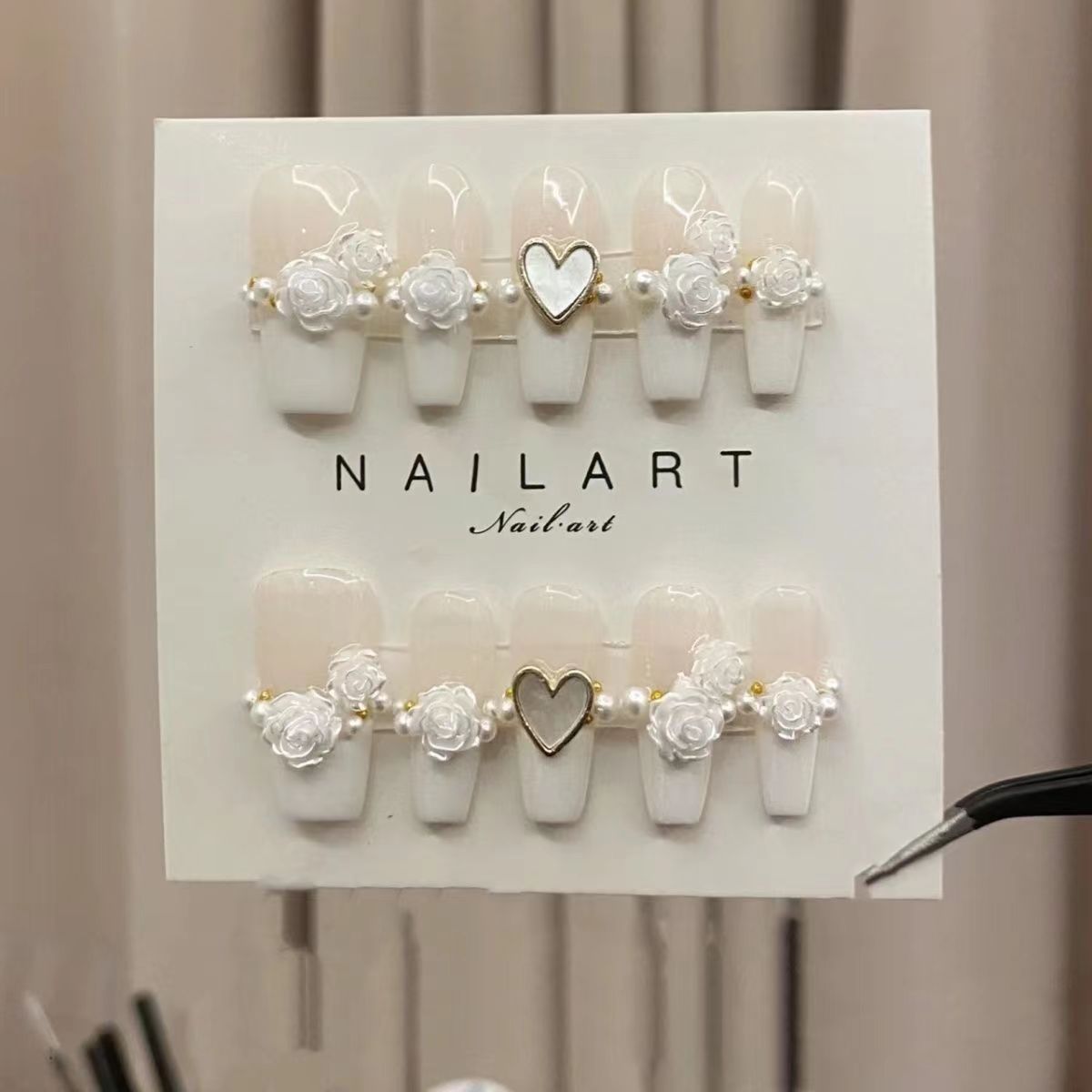 Designer: DuoDuo 1209.Handmade nails Press on Nails DIY Nail Art for woman girl French Long Coffin white