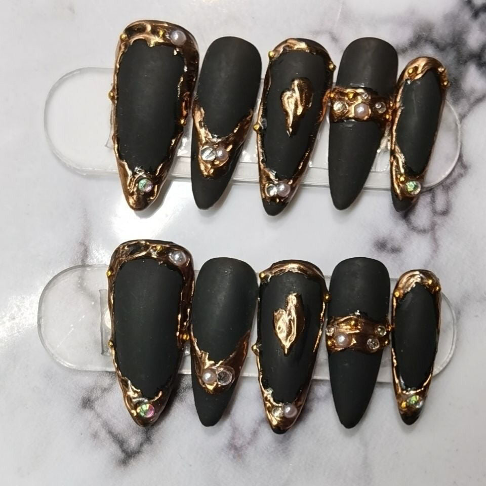 Designer: DuoDuo 1501.Handmade nails Press on Nails DIY Nail Art for woman girl dark green Almond Long rhinestone