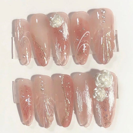 Designer: PinPin 1226.Handmade nails Press on Nails DIY Nail Art for woman girl  Almond Long pink