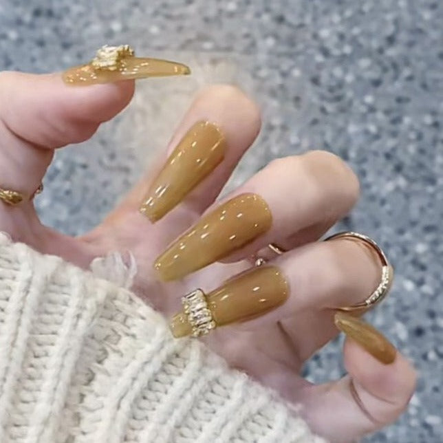 Designer: DuoDuo 1117.Handmade nails Press on Nails DIY Nail Art for woman girl Long Coffin yellow rhinestone