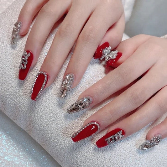 Designer: DuoDuo 1424.Handmade nails Press on Nails DIY Nail Art for woman girl Long Coffin  red Shining rhinestone