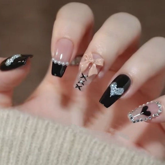 Designer: DuoDuo 1240.Handmade nails Press on Nails DIY Nail Art for woman girl Long Coffin pink black