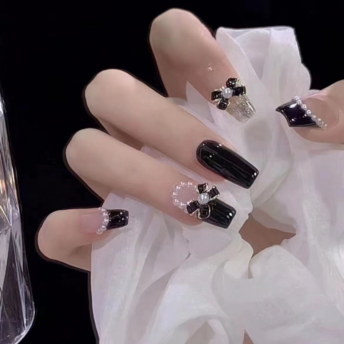 Designer: DuoDuo 1229.Handmade nails Press on Nails DIY Nail Art for woman girl French Long Coffin black