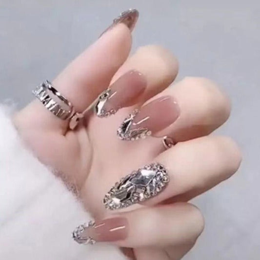 Designer: DuoDuo 1313.Handmade nails Press on Nails DIY Nail Art for woman girl Long Almond rhinestone pink