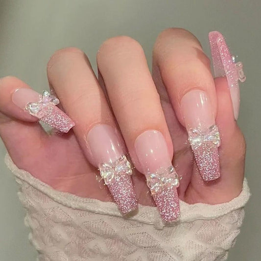 Designer: DuoDuo 1121.Handmade nails Press on Nails DIY Nail Art for woman girl French Long Coffin pink Shining