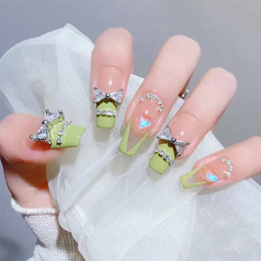 Designer: DuoDuo 1123.Handmade nails Press on Nails DIY Nail Art for woman girl French Long Coffin pink green