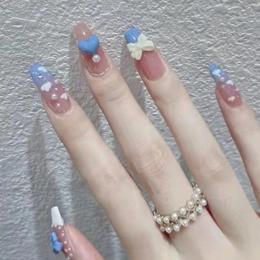 Designer: DuoDuo 1255.Handmade nails Press on Nails DIY Nail Art for woman girl Long Coffin pink blue