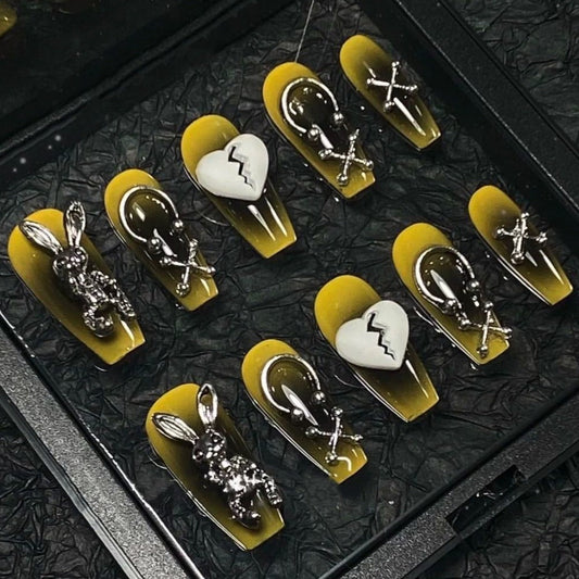 Designer: PinPin 1413.Handmade nails Press on Nails DIY Nail Art for woman girl Long Coffin yellow  Metal