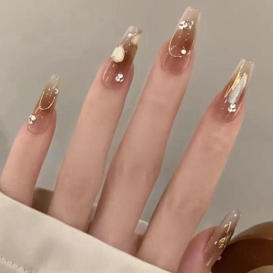 Designer: DuoDuo 1300.Handmade nails Press on Nails DIY Nail Art for woman girl Long Coffin brown