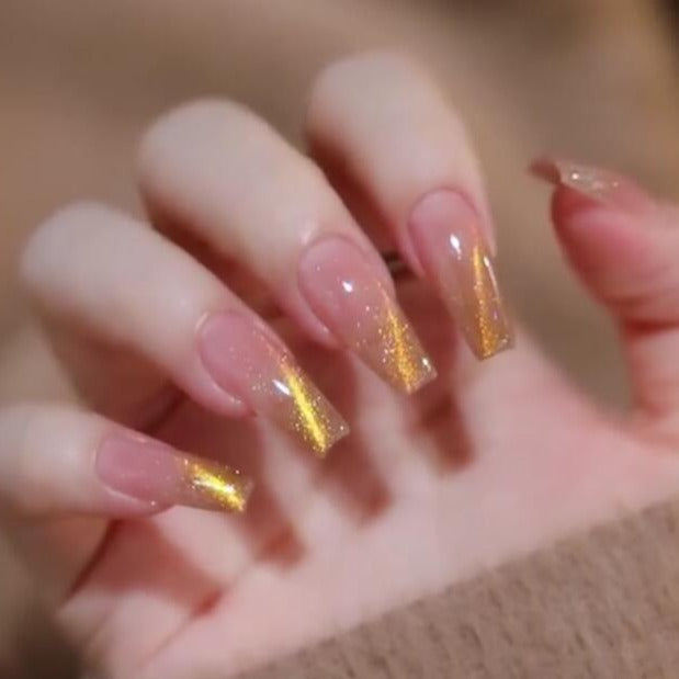 Designer: DuoDuo 1204.Handmade nails Press on Nails DIY Nail Art for woman girl French Cat Eyes Long Coffin gold pink