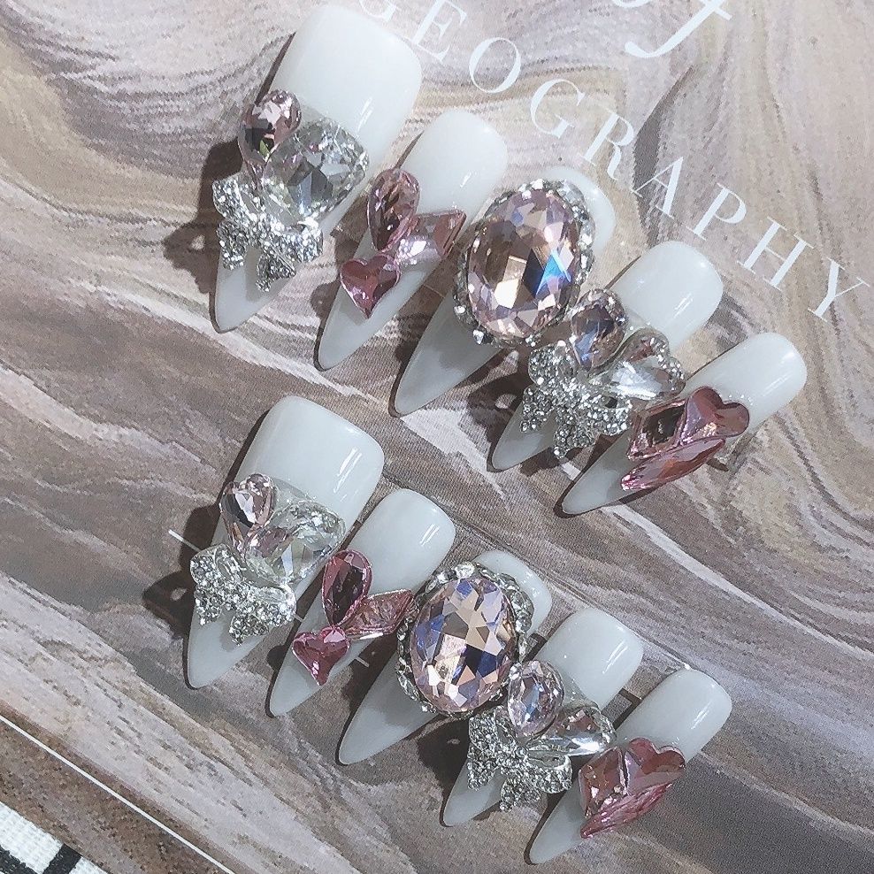 Designer: PinPin 1015.Handmade nails Press on Nails DIY Nail Art for woman girl Long Almond pink rhinestone