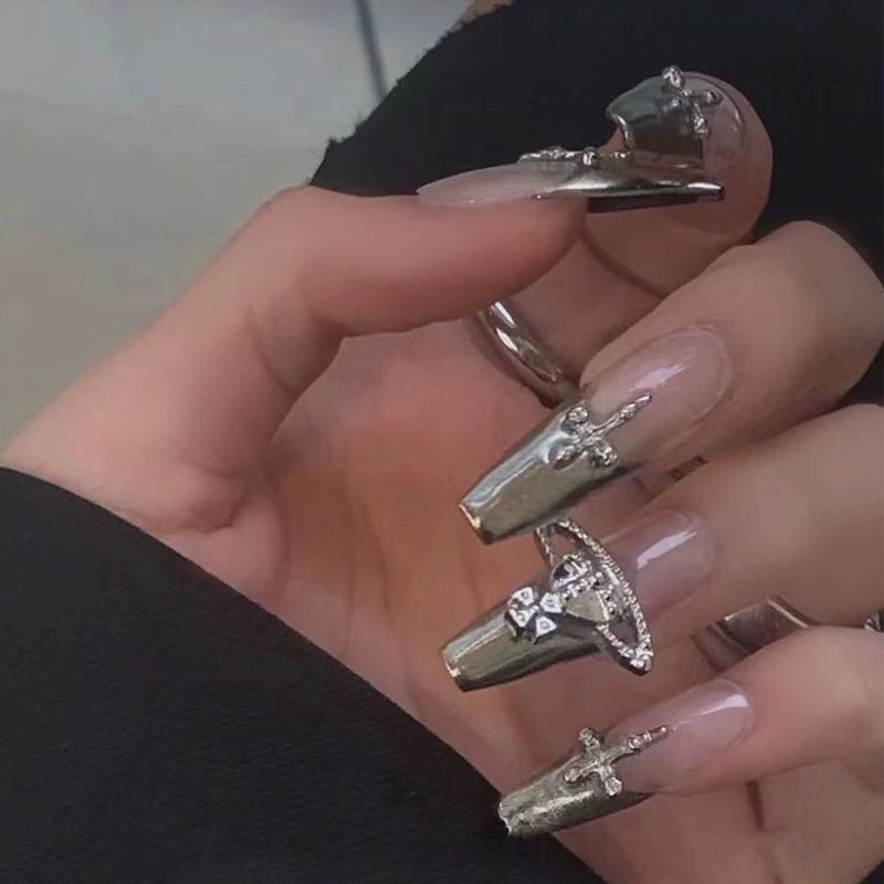 Designer: DuoDuo 2001.Handmade nails Press on Nails DIY Nail Art for woman girl French Long Coffin silver