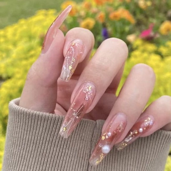 Designer: DuoDuo 2005.Handmade nails Press on Nails DIY Nail Art for woman girl Long Coffin pink wedding