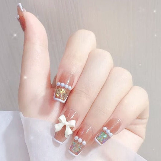 Designer: DuoDuo 1125.Handmade nails Press on Nails DIY Nail Art for woman girl Long Coffin pink